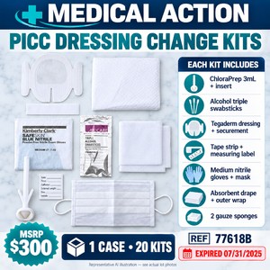 MSRP $300 MEDICAL ACTION PICC DRESSING CHANGE KITS, CASE OF 20, WITH TEGADERM &amp CHLORAPREP, REF 77618B - EXPIRED
