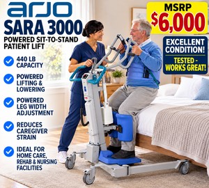 MSRP $6,000 ARJO SARA 3000 POWERED SIT-TO-STAND PATIENT LIFT, 440 LB CAPACITY, BATTERY &amp SUPPORT SLING INCLUDED, ELECTRIC LIFT &amp ADJUSTABLE LEGS, NURSING HOME, REHAB &amp HOME CARE, TESTED WORKS GREAT EXCELLENT CONDITION NO CHARGER