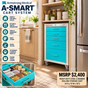 MSRP $2400 HEAVY DUTY ARMSTRONG STEEL A-SMART 5 DRAWER ROLLING STORAGE &amp ORGANIZER CART, GARAGE TOOLS, WORKSHOP PARTS, CRAFT STUDIO, FISHING TACKLE, WHO WOULDNT WANT A ROLLING CART LIKE THIS IN THEIR KITCHEN GREAT CONDITION