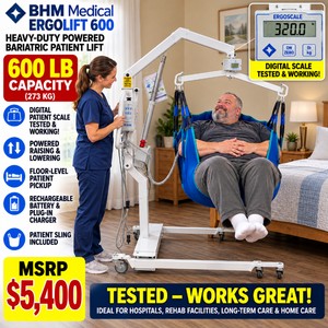 MSRP $5,400 BHM MEDICAL ERGOLIFT 600 HEAVY DUTY POWERED BARIATRIC PATIENT LIFT, 600 LB CAPACITY, WORKING DIGITAL PATIENT SCALE, HAND REMOTE, BATTERY, PLUG-IN CHARGER &amp SLING, FLOOR-LEVEL PATIENT PICKUP, HOSPITAL, REHAB &amp HOME CARE, WORKS GREAT