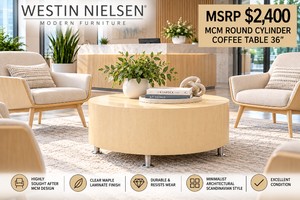 MSRP $2400 HIGHLY SOUGHT AFTER WESTIN NIELSEN MCM ROUND CYLINDER DRUM STYLE COFFEE TABLE 36 WITH CLEAR MAPLE LAMINATE FINISH - MINIMALIST ARCHITECTURAL SCANDINAVIAN DESIGN - EXCELLENT CONDITION &amp RESISTS WEAR&nbsp