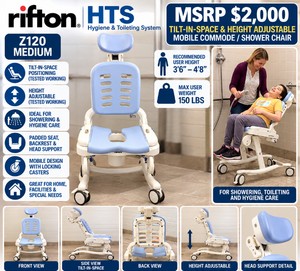 MSRP $2,000 RIFTON HTS Z120 MEDIUM TILT-IN-SPACE HEIGHT ADJUSTABLE MOBILE COMMODE  SHOWER CHAIR, 150 LB CAPACITY, PADDED SEAT &amp BACK, HEAD SUPPORT, ROLLING HYGIENE &amp TOILETING SYSTEM, ARMRESTS &amp LEG RESTS REMOVED, NEEDS MINOR CLEANING