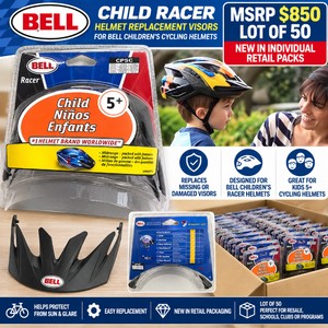 MSRP $850 LOT OF 50 NEW IN INDIVIDUAL RETAIL PACKS BELL CHILD RACER BICYCLE HELMET REPLACEMENT VISORS FOR BELL CHILDRENS CYCLING HELMETS