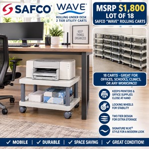 WOW MSRP $1800 LOT OF 18 SAFCO WAVE ROLLING UNDER DESK 2 TIER UTILITY PRINTER CARTS - MOBILE EQUIPMENT STANDS WITH STORAGE SHELVES, KEEP PRINTERS &amp OFFICE SUPPLIES CLOSE AT HAND - LOCKING WHEELS - GREAT CONDITION