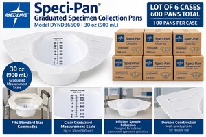 MSRP $600 LOT OF 6 NEW CASES MEDLINE SPECI-PAN GRADUATED SPECIMEN COLLECTION PANS, 100 PANS PER CASE MODEL DYND36600,&nbsp30 oz, 900 mL Fits Standard Size Commodes, Efficient Sample Collection, Durable