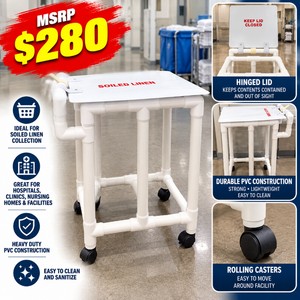 MSRP $280 HEAVY DUTY ROLLING PVC SOILED LINEN HAMPER WITH HINGED LID MOBILE LAUNDRY COLLECTION CART - 4 CASTER WHEELS, EASY-CLEAN CONSTRUCTION, FOR HOSPITALS, CLINICS, ASSISTED LIVING, HOUSEKEEPING &amp COMMERCIAL LAUNDRY USE GREAT CONDITION&nbsp