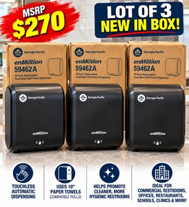 MSRP $270 NEW LOT OF 3 GEORGIA-PACIFIC ENMOTION 59462A TOUCHLESS AUTOMATIC PAPER TOWEL DISPENSERS - HANDS-FREE HYGIENIC OPERATION, COMPATIBLE WITH 10 PAPER TOWELS, IDEAL FOR COMMERCIAL RESTROOMS, OFFICES, RESTAURANTS, SCHOOLS, CLINICS &amp MORE