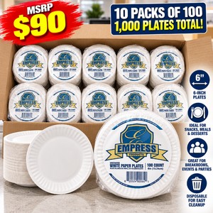 MSRP $90 NEW EMPRESS 6-INCH WHITE PAPER PLATES, MODEL E30200, 10 PACKS OF 100  1,000 PLATES - DISPOSABLE DINNERWARE FOR SNACKS, BREAKROOMS &amp EVENTS, EASY CLEANUP