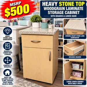 MSRP $500 HEAVY STONE TOP WOODGRAIN LAMINATE STORAGE CABINET WITH DRAWER &amp LOWER DOOR - EXCELLENT CONDITION PREMIUM HEAVYWEIGHT COUNTERTOP, IDEAL FOR KITCHEN, OFFICE, MEDICAL CLINIC, BEDSIDE, CRAFT ROOM, SALON &amp MORE