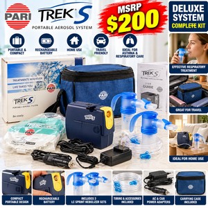 MSRP $200 NEW OPEN BOX PARI TREK S DELUXE PORTABLE AEROSOL NEBULIZER SYSTEM - 2 LC SPRINT NEBULIZER SETS, CARRYING CASE &amp POWER ADAPTERS COMPACT RESPIRATORY TREATMENT SYSTEM FOR HOME, TRAVEL, ASTHMA &amp RESPIRATORY CARE