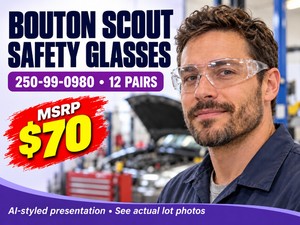 MSRP $70 NEW BOUTON OPTICAL SCOUT CLEAR SAFETY GLASSES, MODEL 250-99-0980, 1 BOX  12 PAIRS - CLEAR PROTECTIVE EYEWEAR FOR SHOP, WORKPLACE, CRAFTING &amp FACILITY