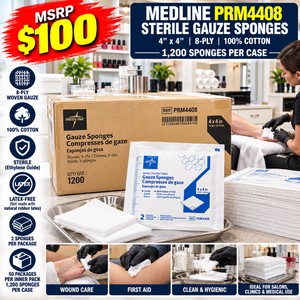 MSRP $100 NEW CASE OF 1,200 MEDLINE PRM4408 STERILE GAUZE SPONGES - 4 X 4, 8-PLY, 100% COTTON, 2 PER SEALED STERILE PACKAGE, LATEX-FREE, IDEAL FOR WOUND CARE, DRESSING CHANGES, FIRST AID, HOSPITALS, CLINICS, NURSING HOMES &amp MEDICAL SUPPLIES