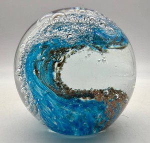 Blue Wave Art Glass Paperweight With Bubble Inclusions