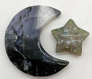 Polished Moss Agate Crescent Moon & Star Carvings (Lot of 2)