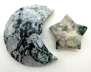 Polished Moss Agate Crescent Moon & Star (Lot of 2)