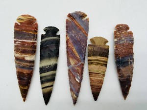 Stone Arrowhead Group - Varied Banded Flaked Pieces (Lot of 5)