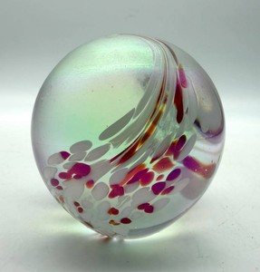 Iridescent Art Glass Orb Paperweight With Multicolor Swirl