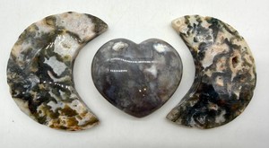Green Moss Agate Crescent Moons & Heart (Lot of 3)