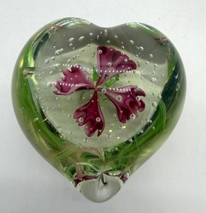 Art Glass Paperweight With Controlled Bubbles & Purple Flower