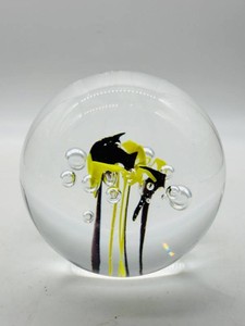 Art Glass Paperweight With Black & Yellow Inclusions