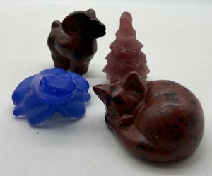 Stone Cat, Ram, Frog & Tree Carvings Mixed Lot - 4 Pieces