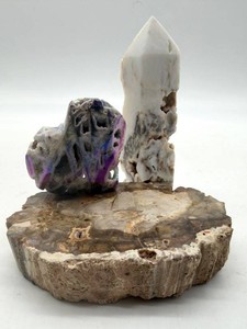 Petrified Wood Base With White Crystal & Purple Mineral Specimens