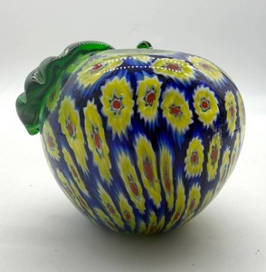 Art Glass Millefiori Apple With Green Stem and Leaf