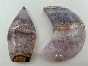 Crazy Lace Agate Polished Leaf & Crescent Carvings (Lot of 2)