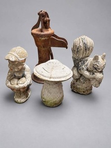 Garden Decor Mixed Lot - Concrete Squirrel, Mushroom and Child and Well Pump