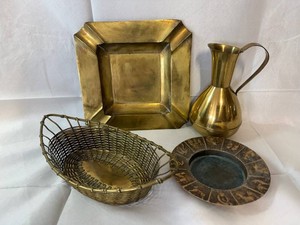 Brass lot  Cigar Tray, Chinese Zodiac Ashtray, Brass Woven Wire Basket, Swedish  Pitcher,  Decor Mixed Lot (Lot of 4)