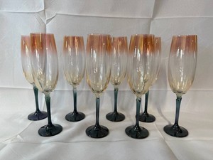 Amber Ombre Champagne Flutes With Teal Stems (Lot of 8)