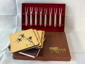 Vintage Kalmar 8-Piece Stainless Appetizer Fork Set & Illustrated Coaster Set Mixed Lot