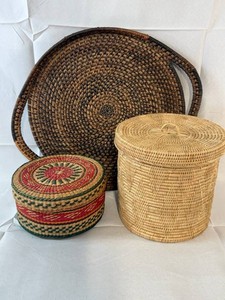 Sweet Grass and Rattan Woven Baskets and Rattan Tray Mixed Lot (Lot of 3)