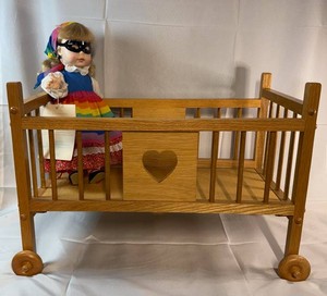 Efanbee Dressed Doll With Wooden Heart Cutout Rolling Crib