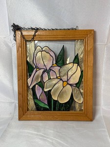 Jeanne & Chris Sowell Stained Glass Iris  Panel - Oak Frame