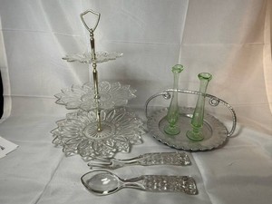 3 Tier Starburst Glass Server, Green GlassBud Vases, Hammered Aluminum Tray & Glass Salad Serving Utensils Mixed Lot
