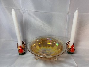 Midwest of Cannon Falls Turkey Candleholders & 3Marigold Iridescent 3 footed Glass Bowl Mixed Lot