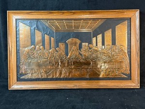 Framed the Last Supper Bronze-Tone Relief Wall Panel