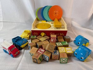 Childrens Toy Mixed Lot - Fisher Price Record Player, Wooden Blocks & Figure Price Toy Vehicles