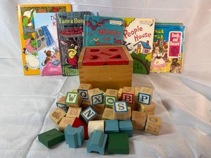 Childrens Books, Records & Wooden Alphabet Toy Mixed Lot