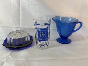 Vintage Cobalt Glassware  Footed Creamer Blue Moon Cheese Server & Gambles Dept Store  23rd Anniversary 1948 Commemorative Glass Mixed Lot