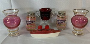 Kansas State Shakers, Bartlett Collins Cranberry Glass Vases with Gold Trim Souvenir of St. Paul Ruby Toothpick Holder and Ship Salt & Pepper Shakers Mixed Lot