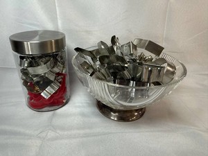Assorted Cookie Cutters in Glass Bowl with Silver Plated Pedestal Base & Jar Mixed Lot