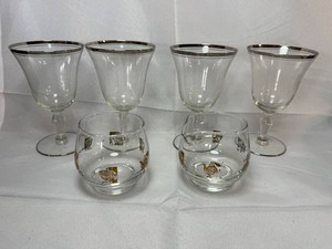 Vintage Platinum Banded Water Goblets & Roly-Poly Creamer and Sugar (Lot of 6)
