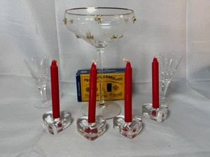 Four Glass Heart Candleholders with Red Candles, Gold Bow Martini Glass & 2 Crystal Cordials Mixed Lot