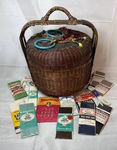 Antique Chinese Asian Bamboo Sewing Basket & Sewing Notions Mixed Lot