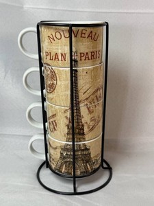 Pier 1 Imports Paris Eiffel Tower Porcelain Mugs With Stand (Lot of 4)