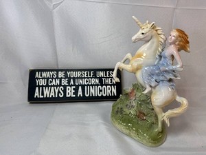UCTCI Long Haired Girl on Unicorn  Figurine & Wooden Be a Unicorn Sign Mixed Lot