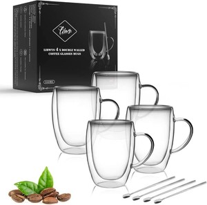 $30 LIBWYS 4 Pack Double Walled Coffee Cups Glasses Mug 12oz Borosilicate Glass (missing one mug and spoons)