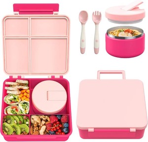 $33 Bento Lunch Box with 8oz Soup Thermo, Kids Leakproof Lunch Food Containers with 4 Compartment, Kids Thermo Insulated Hot Food Jar for School, Trvael - (Pink)